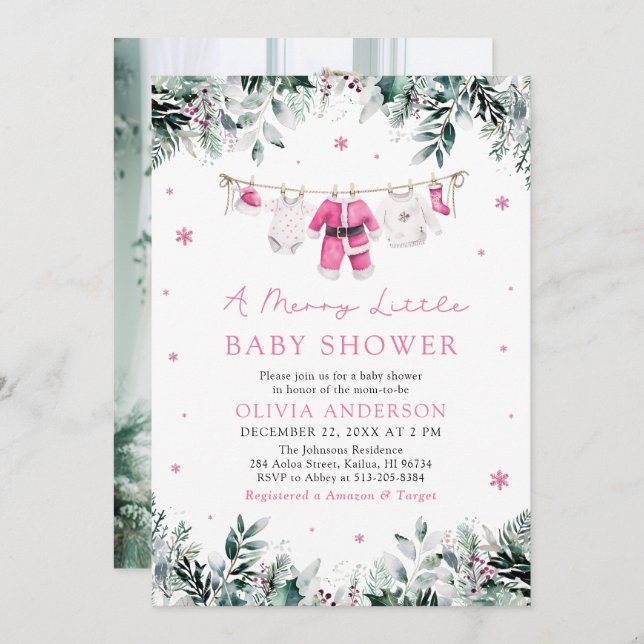 Christmas Girl Pink A Merry Little Baby Shower Invitation (Front/Back)
