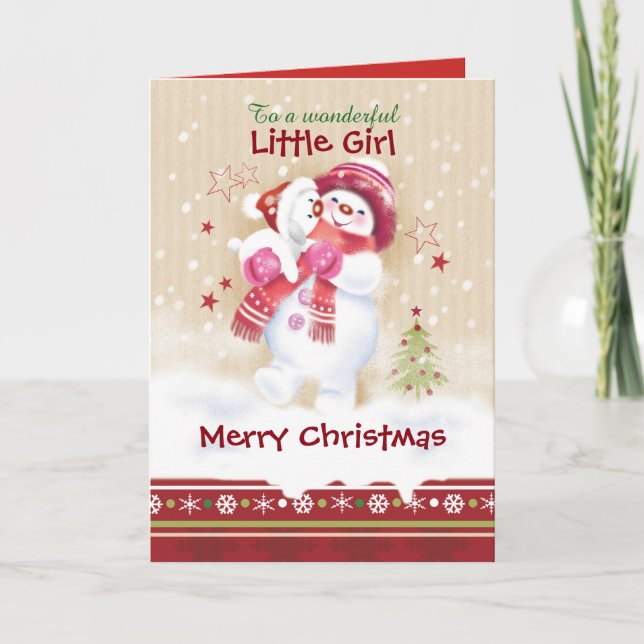 Christmas, Girl. Snowman hugs Puppy Holiday Card (Front)