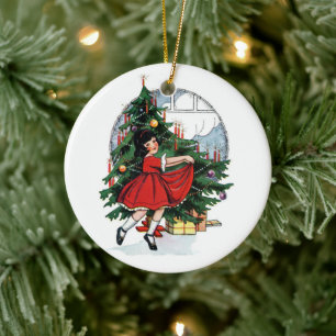 Christmas Girl Vintage Illustration Ceramic Tree Decoration