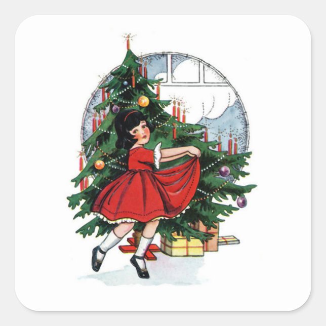 Christmas Girl Vintage Illustration Square Sticker (Front)