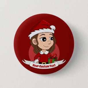 Christmas girl with brown wavy hair 6 cm round badge