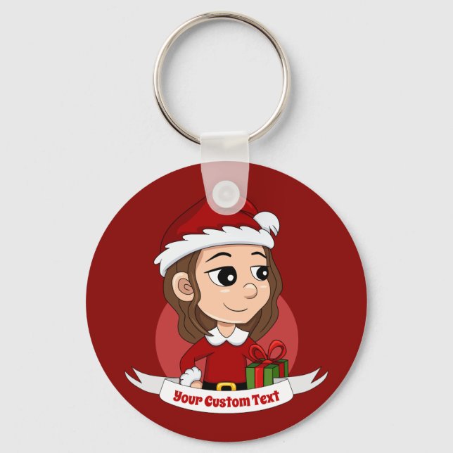 Christmas girl with brown wavy hair key ring (Front)