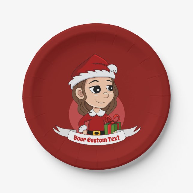 Christmas girl with brown wavy hair paper plate (Front)