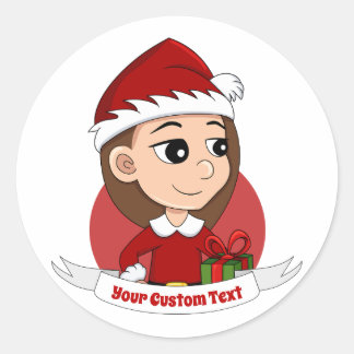 Christmas girl with long brown hair cartoon classic round sticker