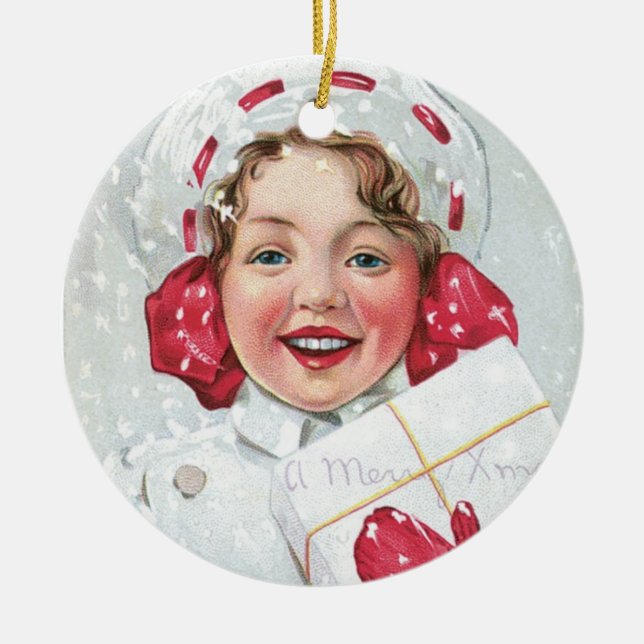 Christmas Girl with Package Ceramic Tree Decoration (Front)