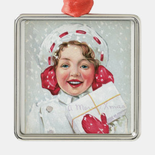 Christmas Girl with Package Metal Tree Decoration