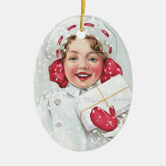Christmas Girl with Package - oval Ceramic Tree Decoration (Front)