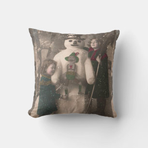 Christmas Girls and Snowman Vintage Photo Cushion