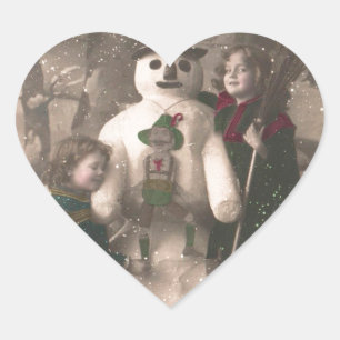 Christmas Girls and Snowman Vintage Photo Heart Sticker