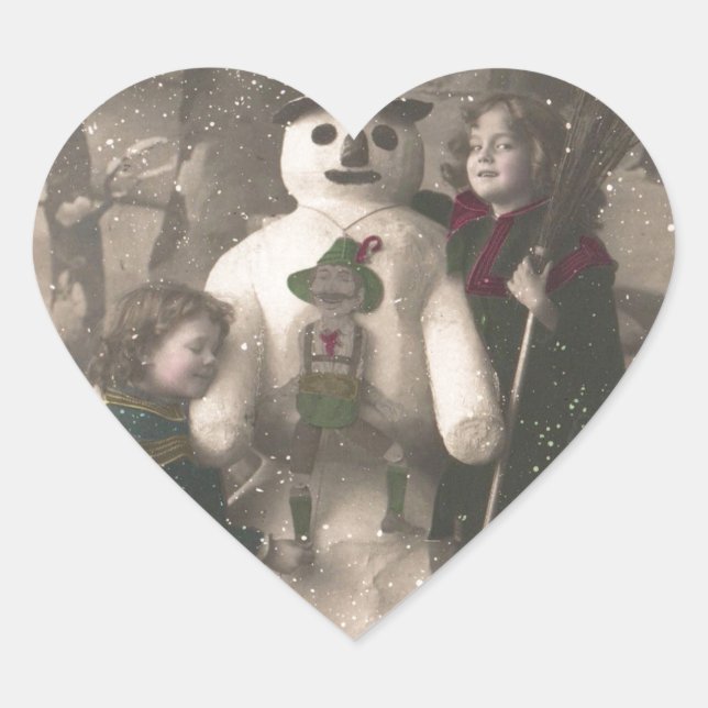 Christmas Girls and Snowman Vintage Photo Heart Sticker (Front)
