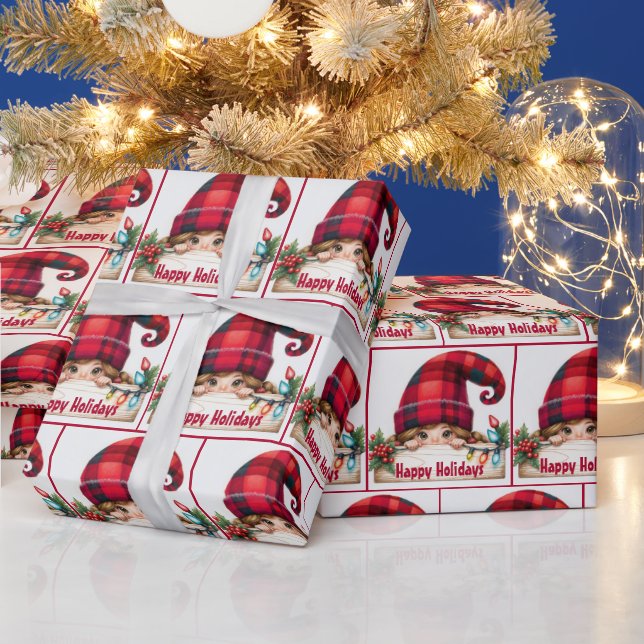 Christmas Girly Gnome With Plaid Hat Wrapping Paper (Holidays)