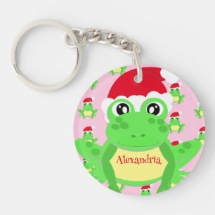 Christmas Girly Pink Frog Santa Hat Pattern Key Ring