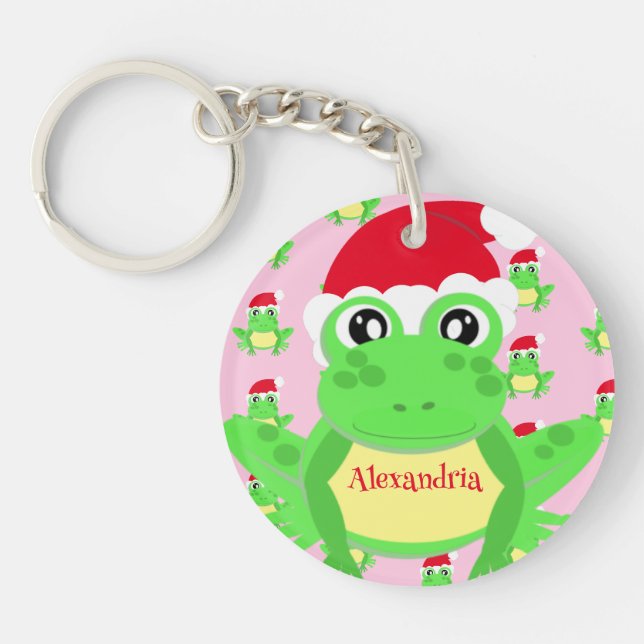 Christmas Girly Pink Frog Santa Hat Pattern  Key Ring (Front)