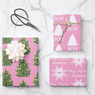 Christmas Girly Pink & White Pattern  Wrapping Paper Sheet