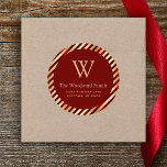 Christmas Glam Stripes Red Gold Address Classic Round Sticker<br><div class="desc">This elegant return address sticker features a burgundy red circle on a background pattern of burgundy and gold faux foil and glitter diagonal stripes. Personalise the design with your monogram initial and family name in gold serif font,  with your address below in sans serif.</div>