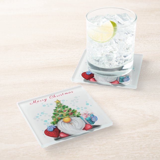 Christmas Glass Coaster Gnome with Gifts (Angled)