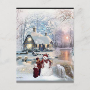 Christmas Glisten Winter Snowman Scene Postcard