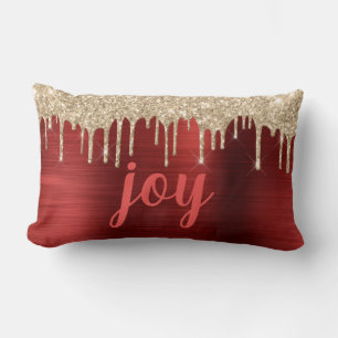 Christmas Glitter Drips Red Metallic Typography Lumbar Cushion