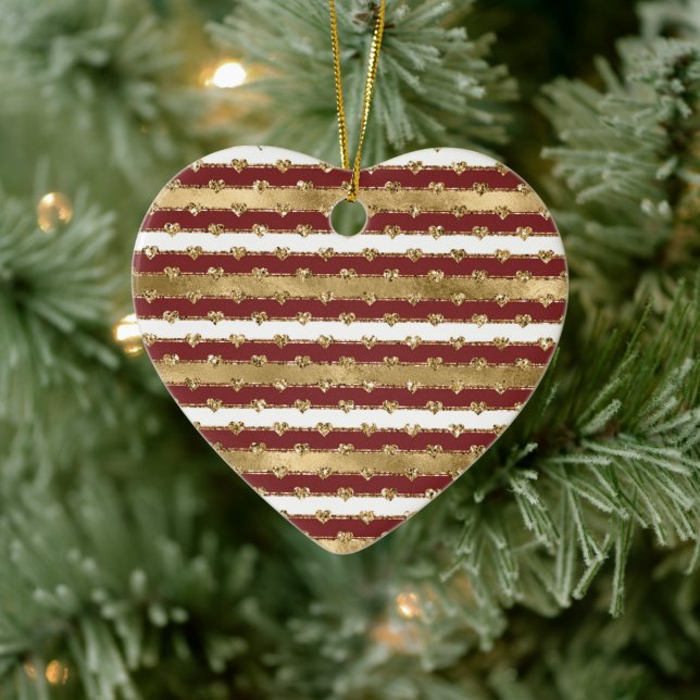Christmas Glitter Gold Red Hearts Stripes Ceramic Tree Decoration (Tree)