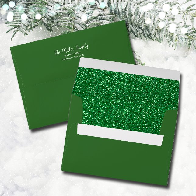 Christmas Glitter Lined Green Envelope (Faux green glitter printed lining on green Christmas envelopes, FREE return address on the back.)