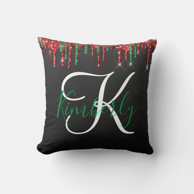 Christmas Glitter Monogram on Black Cushion (Front)