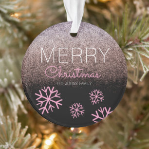 Christmas Glitter Pink Snowflakes Black Ornament