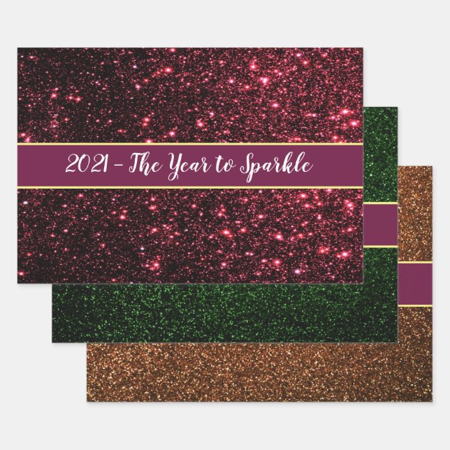 Christmas Glitter Red Green Gold 3-pc New Years Wrapping Paper Sheet (Set)