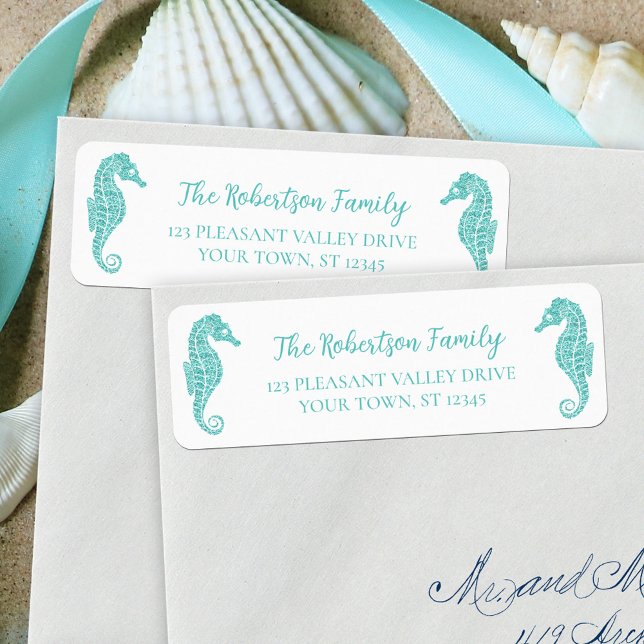 Christmas Glitter Seahorses Aqua Return Address (Creator Uploaded)