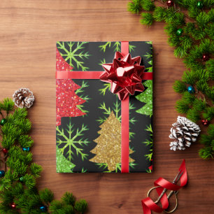 Christmas glitter trees and golden snowflakes   wrapping paper