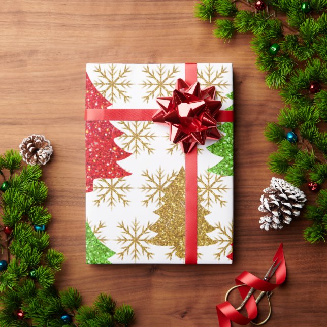Christmas glitter trees and golden snowflakes  wrapping paper (Holiday Gift)