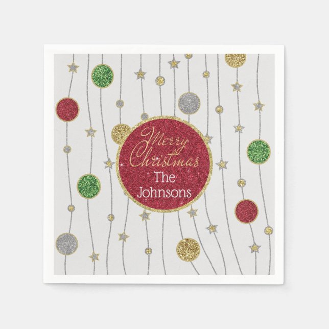 Christmas Glittery Colourful Ornaments Napkin (Front)