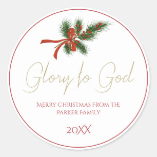 Christmas Glory to God Pine Branch Red Berries Classic Round Sticker