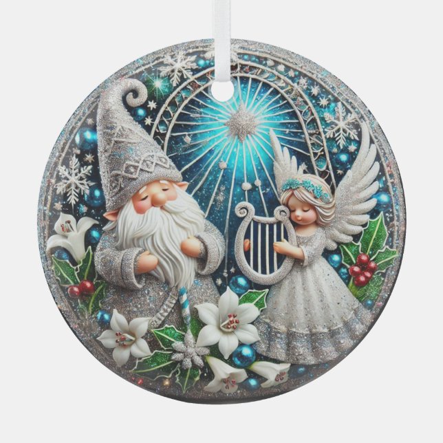 Christmas Gnome and Angel playing a harp Glass Tree Decoration (Front)