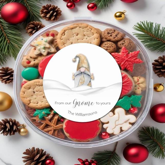 Christmas Gnome  Classic Round Sticker (Christmas 'From our Gnome to Yours' 3" Round Stickers personalized with your name)