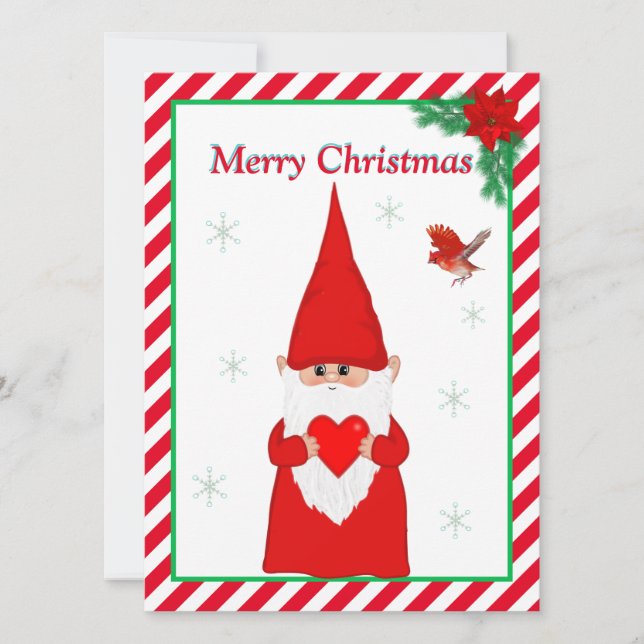 Christmas Gnome  & Cute Red Bird Christmas Card (Front)