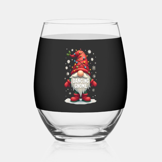 Christmas Gnome Dancing Gnome Family Christmas (3) Stemless Wine Glass (Front)