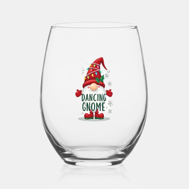Christmas Gnome Dancing Gnome Family Christmas (6) Stemless Wine Glass (Front)
