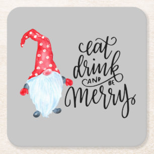 Christmas Gnome Eat Drink Be Merry  Square Paper Coaster
