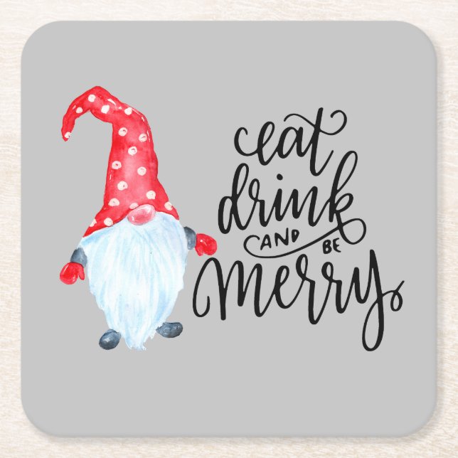 Christmas Gnome Eat Drink Be Merry  Square Paper Coaster (Front)