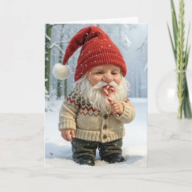 Christmas Gnome Enjoying a Candy Cane  Card (Front)