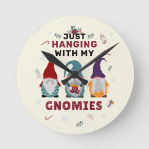 Christmas Gnome Family Cute Hanging Out Gnomies Round Clock