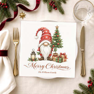 Christmas Gnome Family Name Napkin
