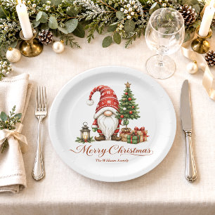 Christmas Gnome Family Name Paper Plate