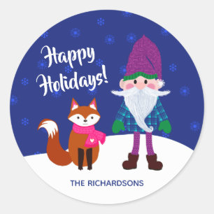 Christmas Gnome Fox Snowflakes Midnight Blue Classic Round Sticker