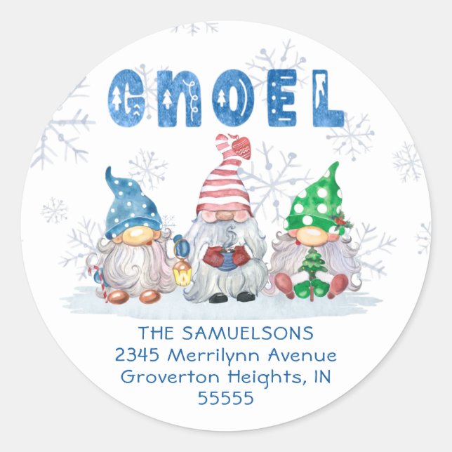Christmas Gnome GNOEL Greeting Return Address Classic Round Sticker (Front)