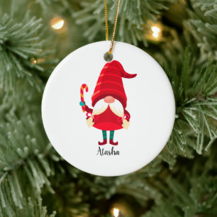 Christmas Gnome Holding A Candy Cane Ceramic Tree Decoration