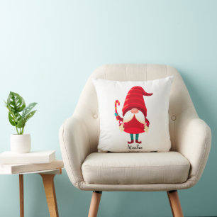 Christmas Gnome Holding A Candy Cane Cushion