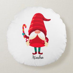 Christmas Gnome Holding A Candy Cane Round Cushion