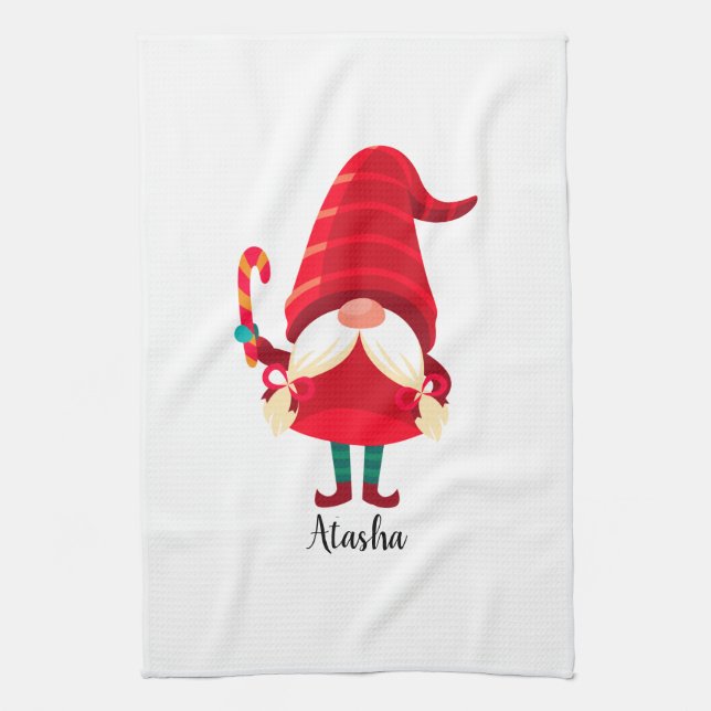 Christmas Gnome Holding A Candy Cane Tea Towel (Vertical)