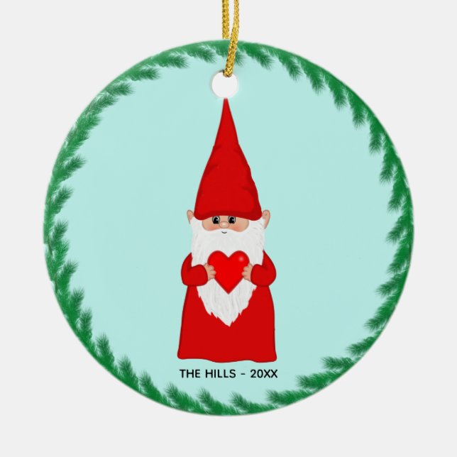 Christmas Gnome Holding a Heart on Light Blue Ceramic Tree Decoration (Front)